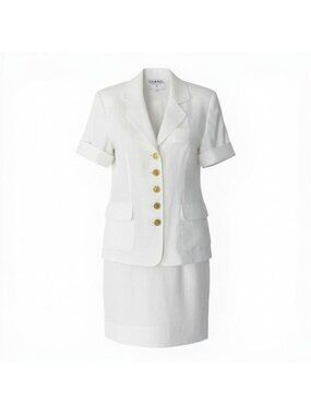 Chanel C Vintage Skirt Set Short Sleeve Jacket Tight Gold Button 40 White